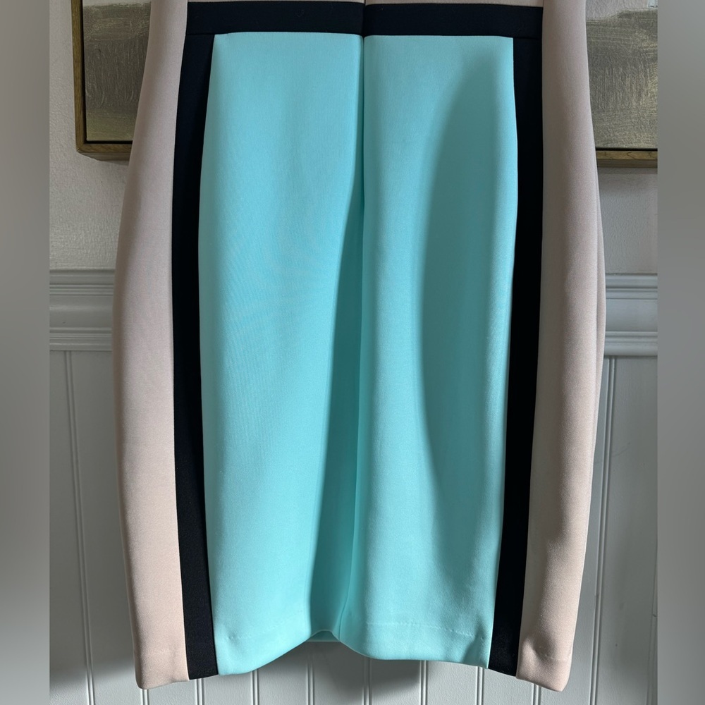 CALVIN KLEIN Scuba Colorblock Sleeveless Sheath Dress Tan Baby Blue Black Size 8 - Picture 9 of 11